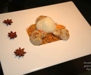 Noix de Saint-Jacques, lentilles corail confites et écume de badiane