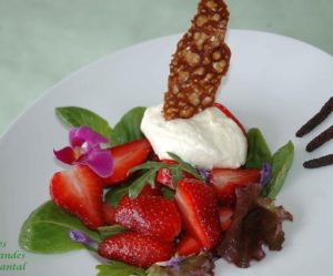 Salade de fraises, mousse mascarpone et chocolat blanc, tuile craquante au cacao
