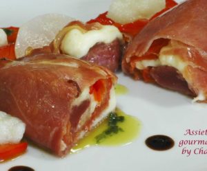 Saltimbocca de canard, purée de topinambour et huile de basilic