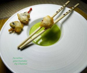 Huîtres en tempura, coulis de cresson, citron confit et gingembre