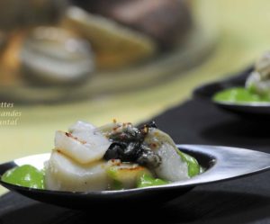 Saint-Jacques snackées et en tartare, huîtres, coulis de cresson au gingembre