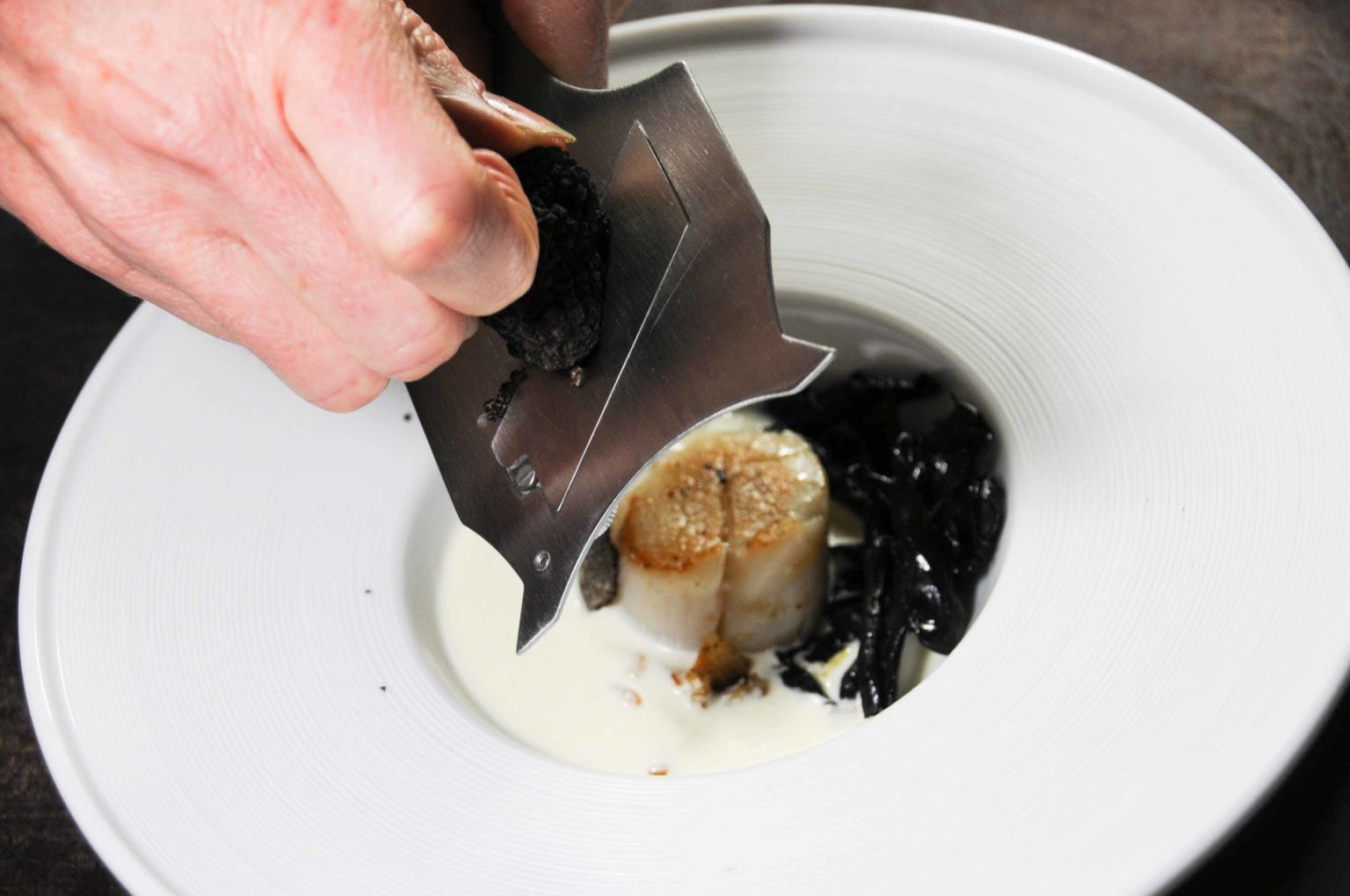 Saint-Jacques, crème de topinambour, trompettes de la mort et truffe