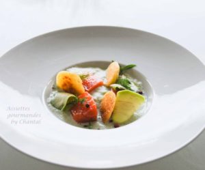 Saumon gravlax, crème de concombre, blinis, une recette de Bernard Bach