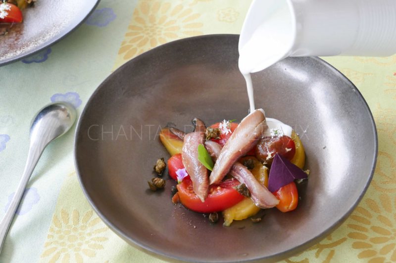 Salade tomates, sardines marinées, câpres frits, sauce burrata